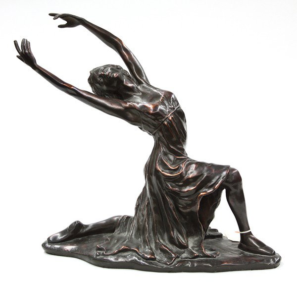 Bronze, Reclining Dancer in Repose: Patinated metal sculpture, Reclining Dancer in Repose, Continental School (20th Century), unsigned, stamped ''Made in Spain'' lower back base, overall: 16.5''h x 16''h x 17''d