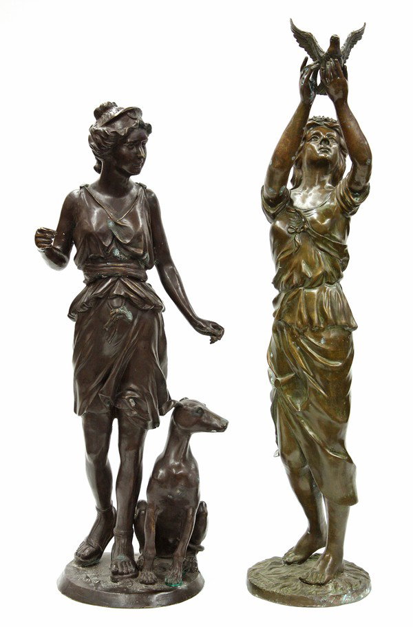 Pair of Classical bronzes signed ''David'': (Lot of 2), Bronze sculptures, Classical Figures with Dove and Dog, Continental School (20th century), each signed ''David'' lower base, overall: 35.5''h x 7.25''w x 9.5''d/30.5''h x 13''w x 9.5''d