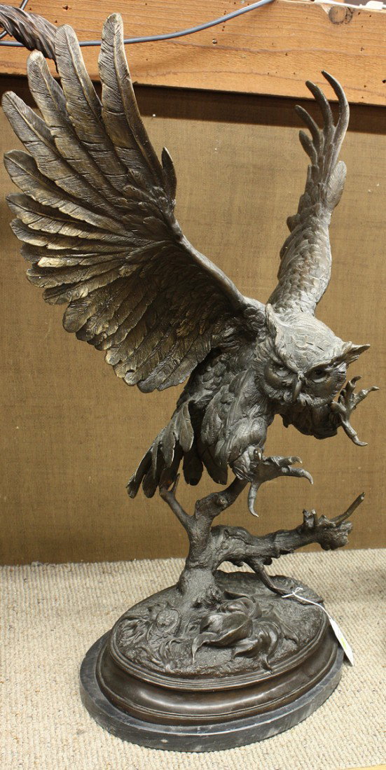 Bronze, after Jules Moigniez, Owl: Bronze sculpture, Owl in Flight, after Jules Moigniez (French, 1835-1894), bears signature lower center, black marble base, overall: 31.56''h x 24''w x 11''d