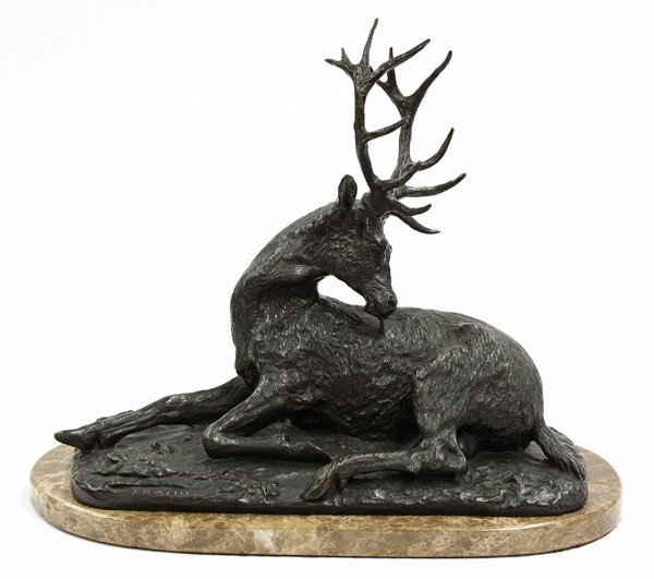 Bronze, Christophe Fratin, Hirsch: Bronze sculpture, ''Hirsch,'' by Christophe Fratin (French, 1801-1864), signed ''Fratin'' lower left base, beige marble base, overall: 12.75''h x 15.5''w x 7.5''d