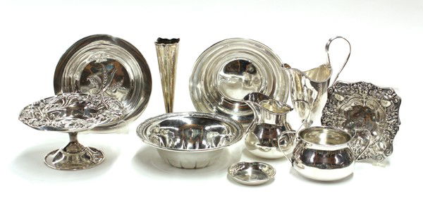 American sterling table accessories: (lot of 10) American sterling silver table accessories consisting ogf an Art Nouveau pedestal candy dish by Mauser Manufacturing Company, 1887-1903; three bowls including a Reed & Barton ''Silver Whea