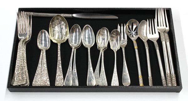 American sterling flatware: (lot of 27) Associated American sterling silver flatware including Towle ''Arlington'' forks, teaspoons, and berry spoon; Gorham ''Acanthus'' teaspoons; Joseph Seymour ''Woodbine Engraved'' sugar spoo