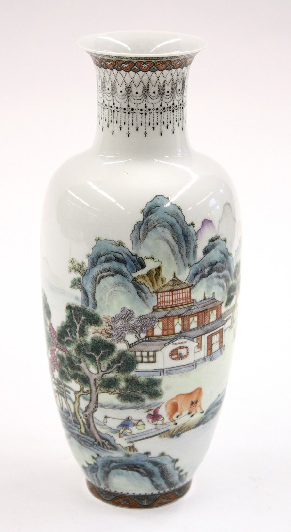 Chinese Enameled Eggshell Porcelain Vase: Chinese eggshell porcelain baluster vase, brightly enameled with farmer and ox crossing a bridge in front of an elaborate pavilion along with fishermen on boats all backed by stylized mountain landsca