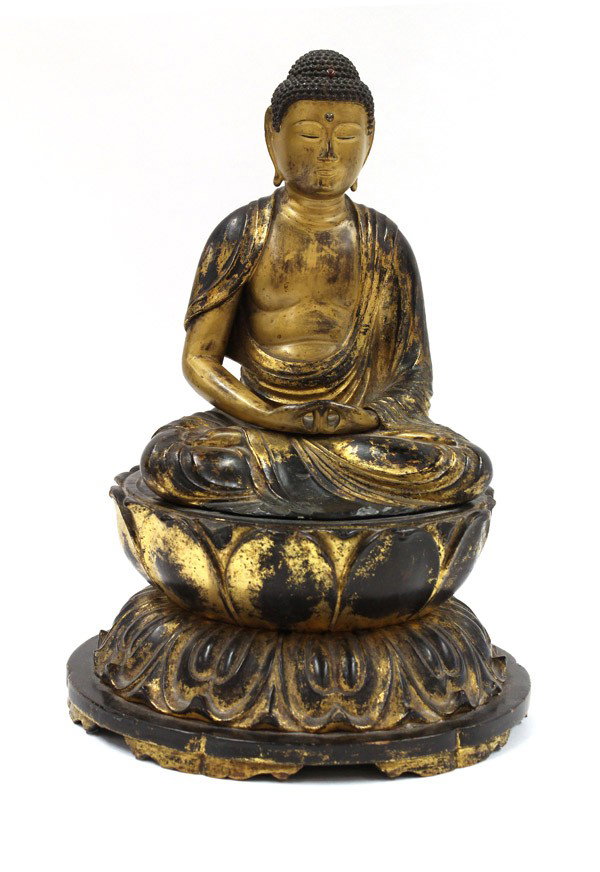Japanese Gilt Wood Amida Buddha, Edo: Japanese gilt wood figure of Amitabha Buddha, Edo period, wearing monastic robes and seated in a pose of meditation on a double-lotus pedestal, the hands to the front in the renge-in gesture, the sere