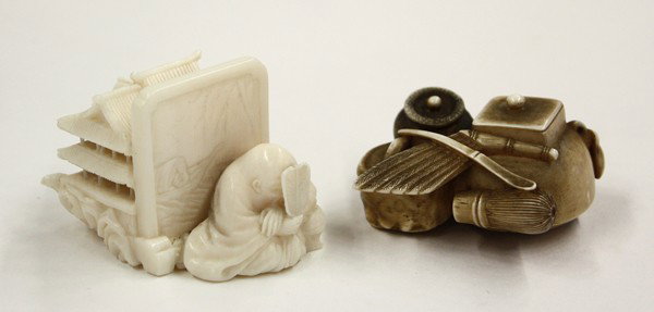 Two Japanese Ivory Netsuke, Showa: (Lot of 2) Japanese ivory netsuke, Showa period, the first depicting the Chinese sage Rosei, sleeping with a fan held to the front of his face, a single panel landscape screen concealing his dream typ