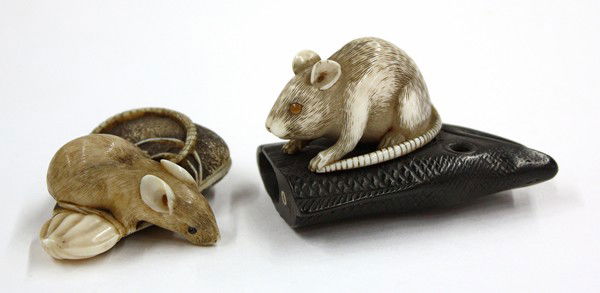 Two Japanese Ivory Figural Netsuke, Meiji: (Lot of 2) Japanese figural netsuke, Meiji period, the first depicting an ivory mouse with inlaid eyes perched on a dried bonita fish head of ebony tied with a silver clasp, signed Masakazu, 2''l; the