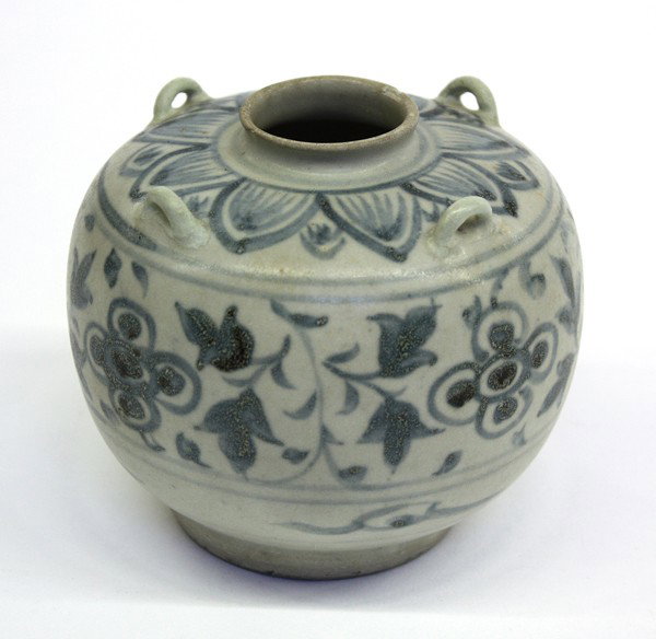Southeast Asian/Vietnamese Blue-and-White Jarlet: Vietnamese blue-and-white decorated jarlet, 15th/16th century, of compressed ovoid form with flower petals encircling the mouth and with four lug handles to the shoulder, above a band of flowering scr