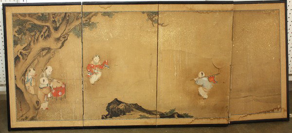 Japanese Small Four-Panel Folding Screen, Late Ed: Japanese small four-panel folding screen, late Edo period, ink and color on paper, depicting five karako (Chinese children) dancing or playing instruments in a landscape, signed, with one seal (water 