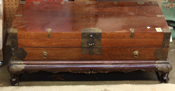 Korean Document Chest, Joseon: Korean wooden document chest, late Joseon period, the hinged top opening to reveal a shallow interior and fronted by a row of two drawers, all above a pedestal base with a shaped apron and supports re