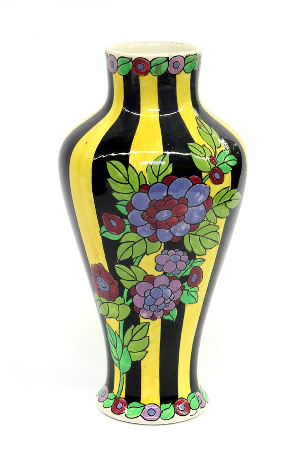 Boch Freres earthenware vase: Art Deco Boch Freres polychrome enameled earthenware vase showing a black and yellow striped ground under a floral motif, 11.5''h