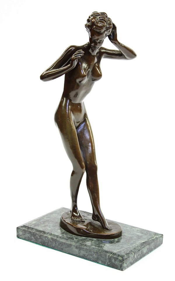 Bronze statuette: Bronze nude statuette on a green marble plinth, Continental School, 20th century, signed indistinctly, 12'' x 6.75'' x 4.25''