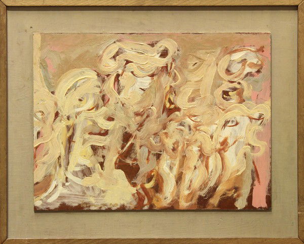 Painting, Anthony Triano, Abstract: Framed oil on panel, ''Filles de Joie,'' 1960, by Anthony Triano (American, b. 1928), signed, titled, dated verso, bears Albert Landry Galleries, New York label verso, overall: 16.75''h x 20.5''w