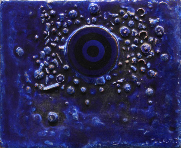 Mixed Media, Mid Century, signed ''Grant'': Unframed glazed composite wall sculpture, ''Blue Target,'' American School, mid 20th century, signed ''Grant'' lower right, overall: 12''h x 14.5''w. Provenance: Purchased from Hansen Galleries, San F