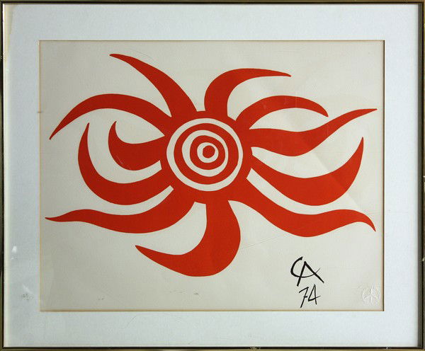 Lithograph, After Alexander Calder, Sunburst: Framed lithograph, ''Sunburst'', 1974, after Alexander Calder (American, 1898-1976), initialed and dated ''CA '74'' within stone lower right, bears Flying Colors Collection blindstamp lower right, ove