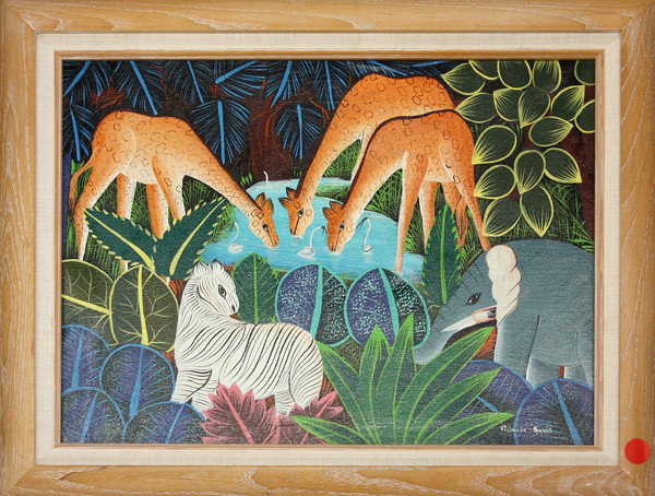 Painting, Jean Claude Senat, Jungle Animals: Framed acrylic on canvas, The Watering Hole, 20th century, American School, signed ''Jean Claude Senat'' lower right, overall: 15''h x 19''w