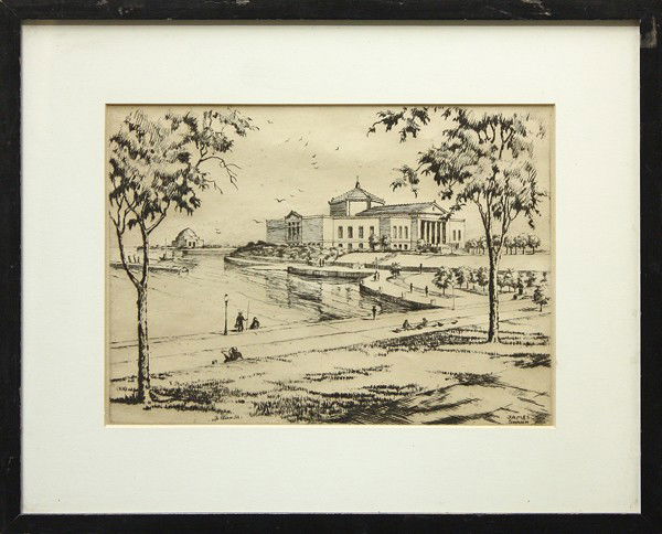 Print, James Swann, Shedd Aquarium (Chicago): Framed etching, Shedd Aquarium (Chicago, IL), by James Swann (American, 1905-1985), signed lower right, overall: 12.25''h x 14.75''w