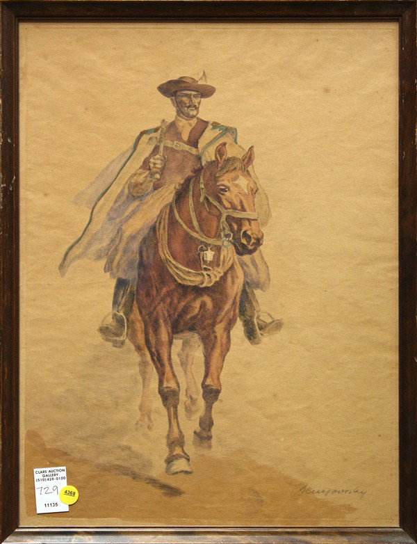 Drawing, Man on a Horse: Framed hand-colored drawing, Man on a Horse, Continental School, 20th century, signed indistinctly ''Benesovsky(?)'' lower right, overall: 21.5''h x 16.5''w