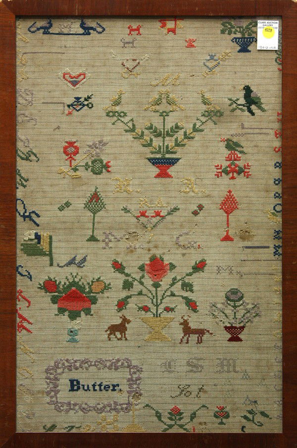 Embroidered sampler, 19th c., Butter: Framed embroidered sampler, ''Butter,'' 19th Century, unsigned, overall: 27''h x 18''w