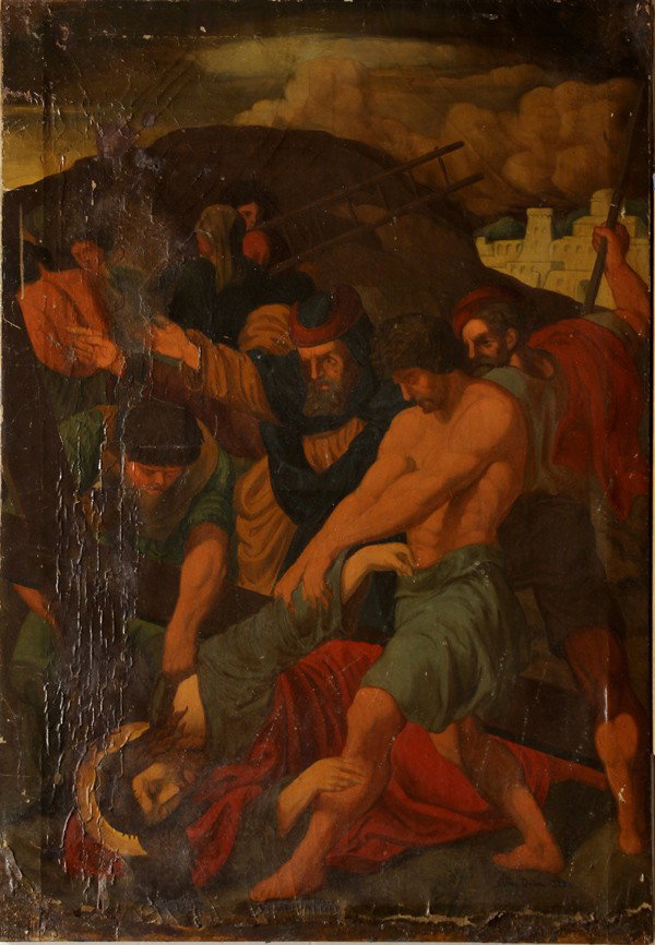 Painting, Station of the Cross: Unframed oil on canvas, Station of the Cross, Continental School (19th Century), inscribed ''Vax Doam 1721'' lower right, overall: 39.5''h x 27.5''w