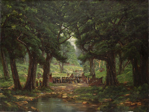 Painting, attrib. William Weaver Armstrong: Unframed oil on canvas, Landscape with Native Americans, attributed to William Weaver (W. W.) Armstrong (Californian, 1862-1906), bears artist's name verso, overall: 43''h x 56''w