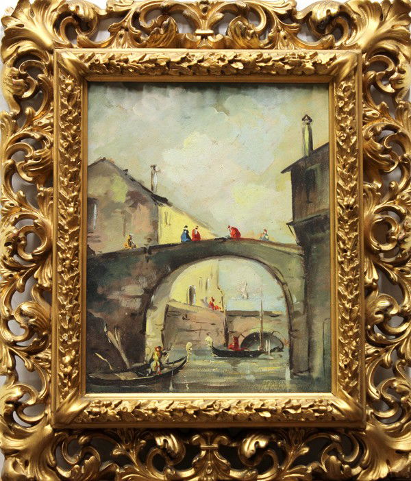Painting, Venetian Canal Scene: Framed oil on board, Venetian Canal, Continental School, 20th century, German gallery label affixed verso, overall: