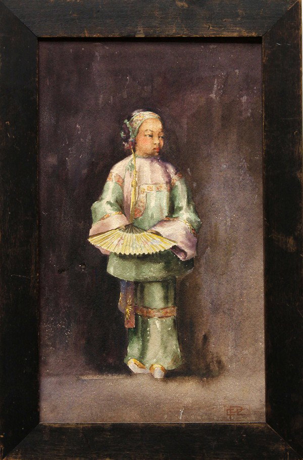 Watercolor, in the manner of Esther Hunt: Framed watercolor on paper, Young Girl, in the manner of Esther Hunt (Californian, 1875-1951), indistinctly monogrammed lower right, overall: 17.5''h x 11.5''w