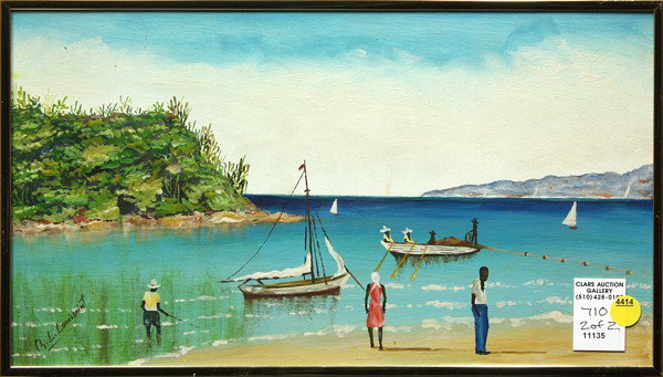 Paintings by Ch. L. Louissaint: (Lot of 2)Framed temperas on board, Haitian Landscape and Seascape, each signed ''Ch. L. Louissaint'' lower left, largest overall: 12.5''h x 14.5''w