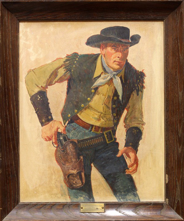 Painting, Cowboy Gun Slinger, Fawcett Publication: Framed guoache on board, Cowboy Gun Slinger, an original gold medal book cover painting for "Summons to Silverhorn" Fawcett Publications Inc., overall: 24"h x 20"w