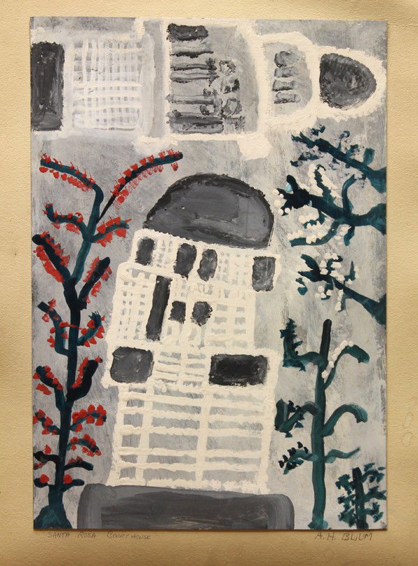 Paintings, Modern, Figurative, Architecure: (Lot of 4) Unframed (stretched) oils on canvas, and an oil on paper, all 20th century, "Kobern," German School, signed "Gisbert" lower right, Art Show, American School, unsigned, and "Santa Rosa Court