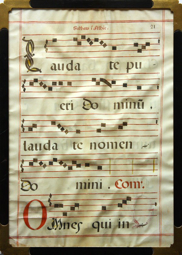 Pair of Antiphonals, 19th c.: (Lot of 2) Framed Antiphonals on vellum, 19th century, unsigned, overall (each): 28''h x 20''w