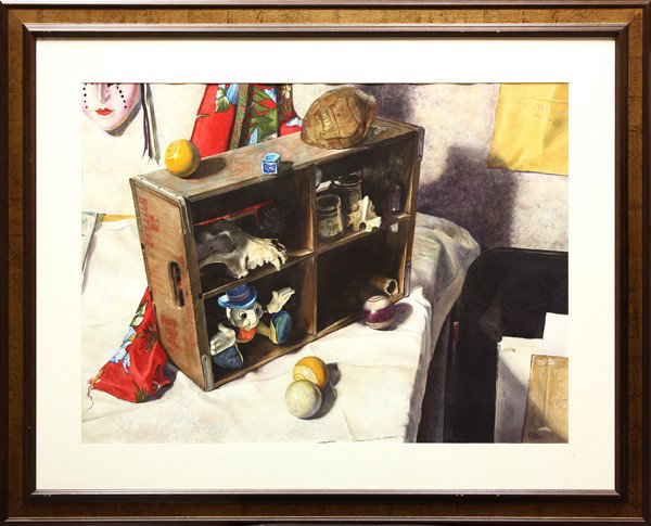 Watercolor, Randy Kirksey, Life on the Edge: Framed watercolor, ''Life on the Edge,'' by Randy Kirksey (Californian, Contemporary), signed ''Kirksey'' lower right, gallery label (John Pence Gallery, San Francisco, CA) affixed verso, overall: 32.