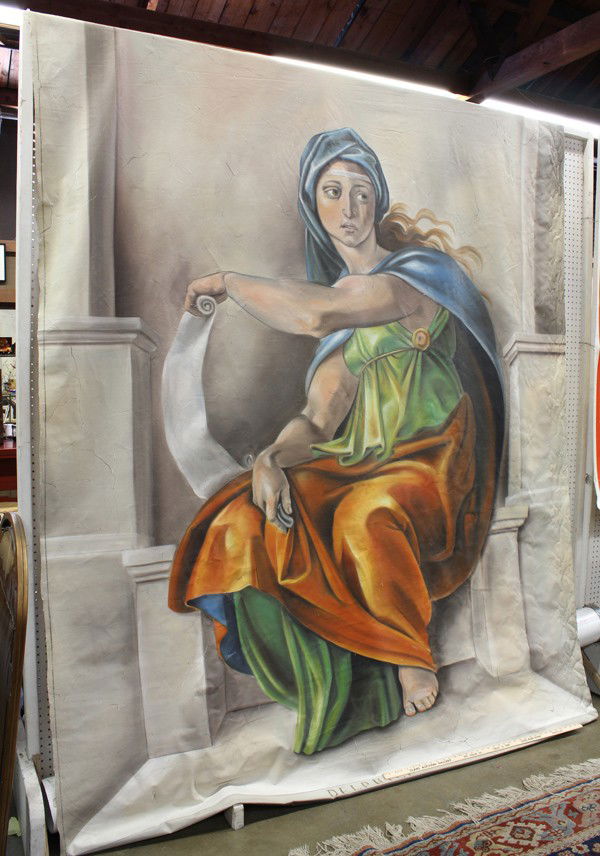 Large painting, Delfina by Gunnar Ahmer: Unframed oil on canvas, ''Delphia'', 1997, by Gunnar Ahmer (20th Century), signed and dated lower right, titled lower center, overall: 114''h x 88''w. Note: Accompanied by 4 piece, faux marble frame (