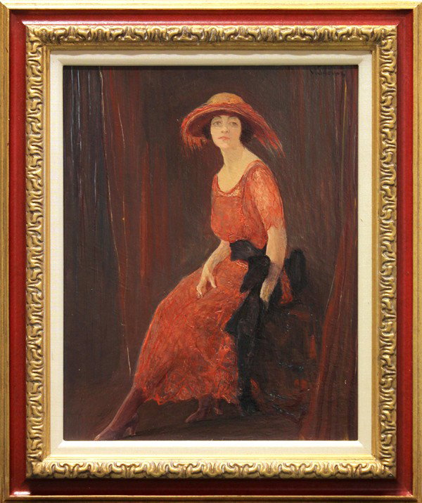 Painting, Alve Valdemi, Portrait: Framed oil on board, Woman in Red Hat, by Alve Valdemi (Spanish, 1885-1972), signed ''Valdemi'' upper right, overall: 20''h x 17''w. Provenance: Hearst Art Gallery/St. Mary's College of California dea