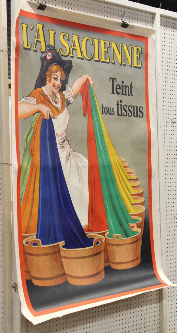 Poster, L'Alsacienne Tient Tous Tissus: Unframed color lithograph poster, ''L'Alsacienne, Teint Tous Tissus,'' circa 1930, by Dorfi/Albert Dorfinant (French, 1881-1976), printed by J.E. Goossens, Brussels, overall: 65.5''h x 49.75''w