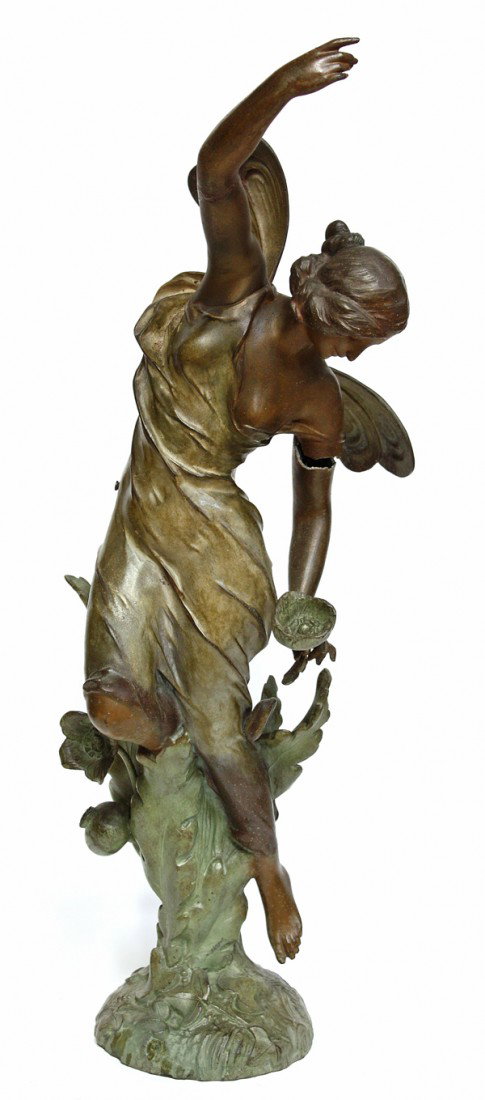 Metal sculpture, Winged Nymph: Patinated metal sculpture, Winged Nymph, Continental School, 20th century, signed indistinctly bottom base, overall: 24.5''h x 9''w x 7.5''d. Condition note: Damage to Nymph's right arm.