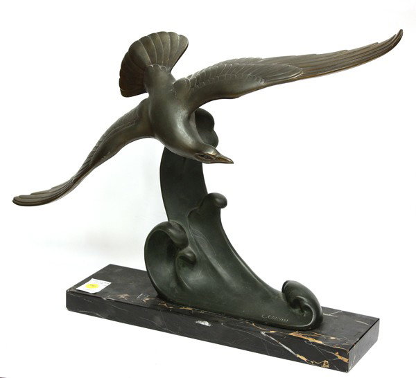Bronze, Louis Albert Carvin: Bronze sculpture, Mouette Sur Vague, by Louis Albert Carvin (French 1857-1951), signed ''L. Carvin'' lower right, overall: 17.25''h x 21.75''w x 4.75''w