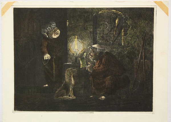 Print, Continental School, Offering a Dog a Beer: Unframed color engraving, Monks Offering a Dog Beer, Continental School (20th Century), signed indistinctly lower right on plate, overall: 13.5''h x 18''w