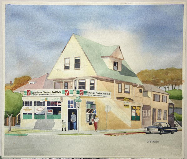 Watercolor, Judson Lewis Starr, American Market: Unframed watercolor on paper, American Market and Deli - Modesto, California - circa 1950s, by Judson Lewis Starr (1890-1960), overall: 20''h x 23''w
