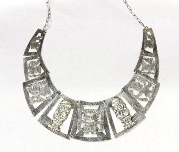 Sterling silver necklace: Sterling silver (stamped) 925 necklace; depicting Mayan iconography. Total necklace weight 46.9 grams