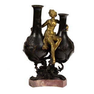A French gilt and patinated bronze figural marble double vase: A French gilt and patinated bronze figural marble double vase after a model by Charles Georges Ferville-Suan, late 19th/early 20th century, modled as a beauty seated between two vessels rasied on a na