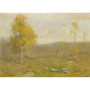 Painting, Bruce Crane: Bruce Crane (American, 1857-1937), Untitled (Landscape), oil on canvas, signed lower left, gallery labels (Anderson Galleries, Chicago and Fine Arts Gallery of San Diego, CA) affixed verso, canvas: 14