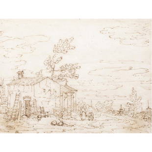 Work on paper, Manner of Bernardo Bellotto: Manner of Bernardo Bellotto (Italian, 1721-1780) after Canaletto (Italian, 1697-1768), "Veduta Ideata in the Rustic Style," ink on paper, unsigned, overall (with frame): 13.5"h x 15.5"w