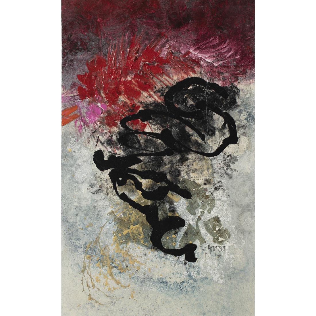 Mixed Media, John Thomson: John O. Thomson (American, 20th century), "Fire Fite," 1990, mixed media on canvas, signed lower right, signed, titled, and dated verso, canvas: 23.5"h x 16"w, overall (with frame): 25"h x 17"w