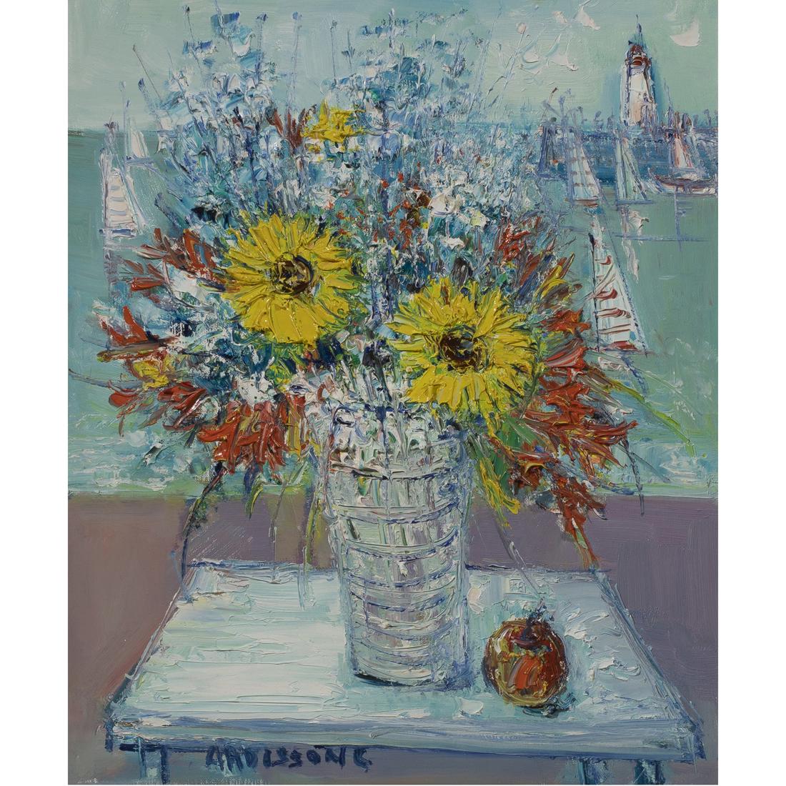 Painting, Yolande Ardissone: Yolande Ardissone (French, b. 1927), "Les Deux Soleils," oil on canvas, signed lower center, canvas: 22"h x 18.25"w, overall (with frame): 33"h x 29.75"w