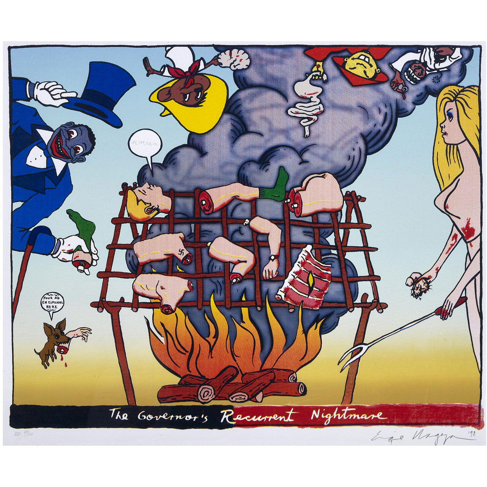 Print, Enrique Chagoya: Enrique Chagoya (American/Mexican, b. 1953), "The Governor's Recument Nightmare," 1998, screenprint, pencil signed lower right, edition 64/100, image: 17.25"h x 21.25"w, overall (with frame): 22.5"h x