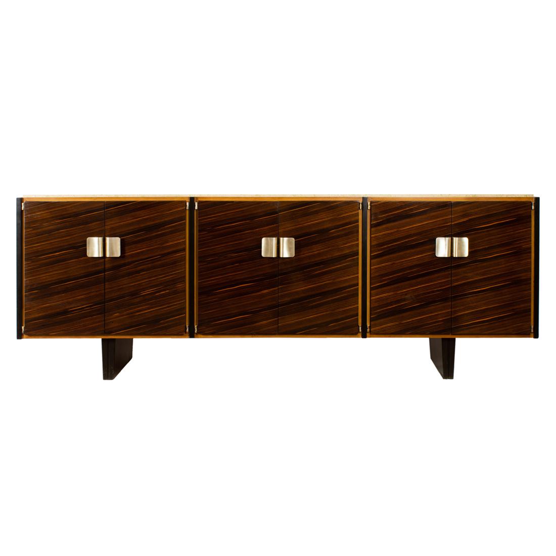 A Studio Furniture credenza: A Studio Furniture credenza, San Francisco, 1980s, the large having a marble top, above six rosewood finished doors with chrome pulls, 39.5"h x 108"w x 22.5"d. Provenance: custom made b