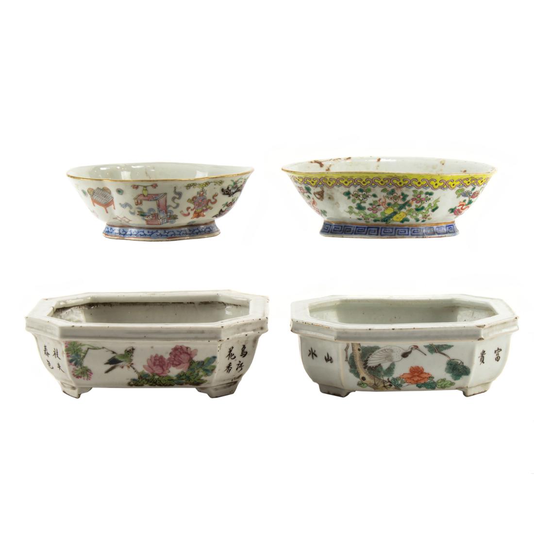 (lot of 4) Chinese enameled jardinieres: (lot of 4) Chinese enameled jardinieres, first of octagonal form, painted with landscape and the reverse depicting a crane with large peony bloom, the other sides inscribed and with an artist seal; se