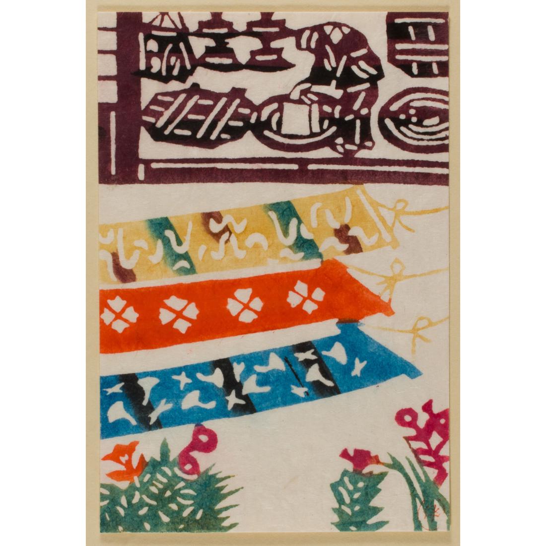 Print, Keisuke Serizawa: Keisuke Serizawa (Japanese, 1895-1984), "Handcrafts - Drying of the Silks," hand-dyed stencil print, stamped lower right, sheet: 5.75"h x 4"w, overall (with mat): 10"h x 8"w