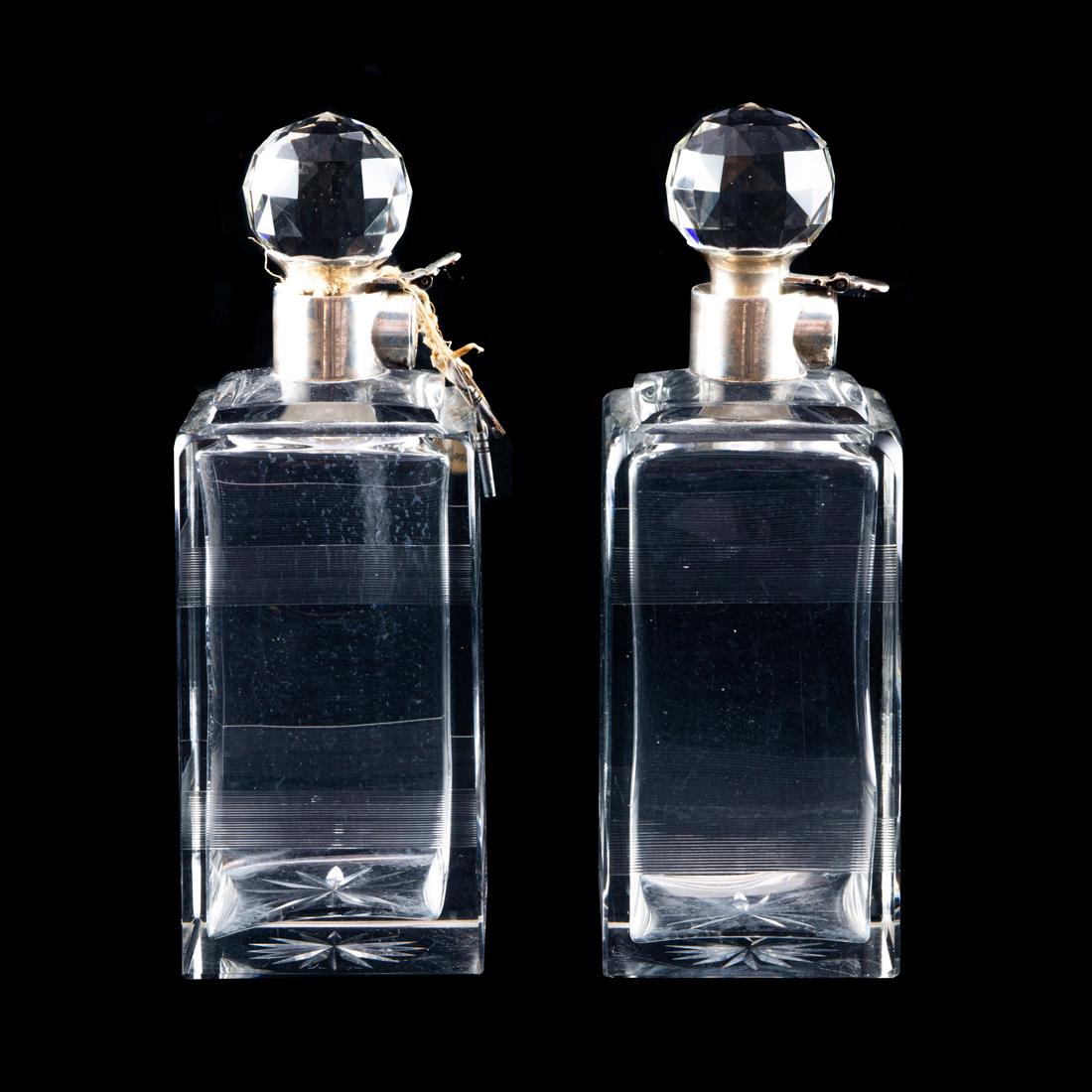 Pair British cut glass square decanters, with sterling collared locking mechanism with key 10: Pair British cut glass square decanters, with sterling collared locking mechanism with key 10.5"h