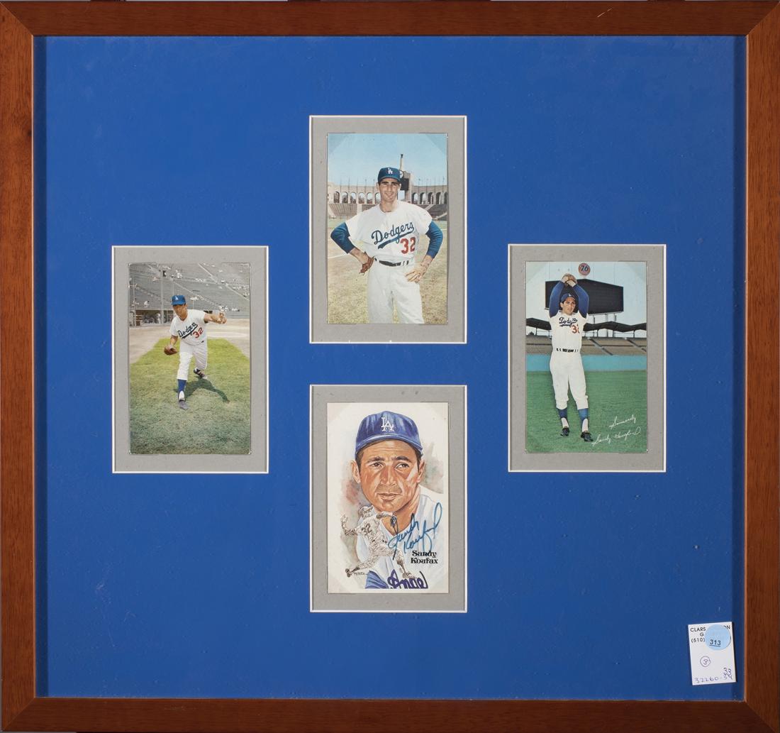 (Lot of 3) Baseball memorabilia: (Lot of 3) Baseball memorabilia, comprising Sandy Koufax autographed card and photographs, now framed and mounted; Matt Williams autographed photograph; and a photographic print of Jackie Robinson ste